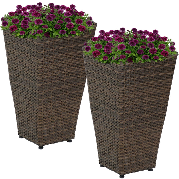 Sunnydaze 20 in Polyrattan Tall Square Planter - Brown - Set of 2 Image 7