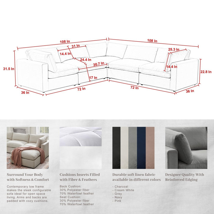 Yasmin Modular L-Sectional Upholstered Corner Sofa Linen Fabric Comfort Design Image 11