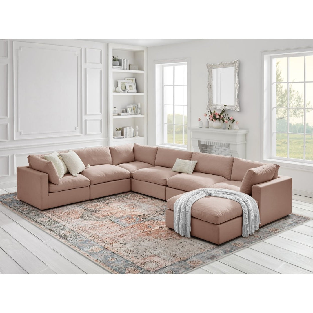 Yasmin Modular U-Sofa Chaise Sectional Linen Sofa and Ottoman Living Room Furniture Image 5