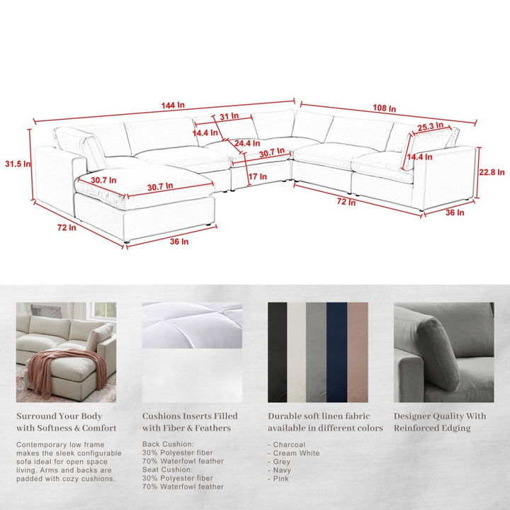 Yasmin Modular U-Sofa Chaise Sectional Linen Sofa and Ottoman Living Room Furniture Image 12