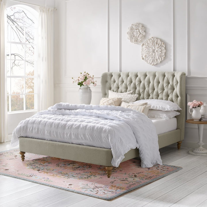 Kelsie Tufted Wingback Headboard Upholstered Bed King Queen Twin Slats Included Image 1