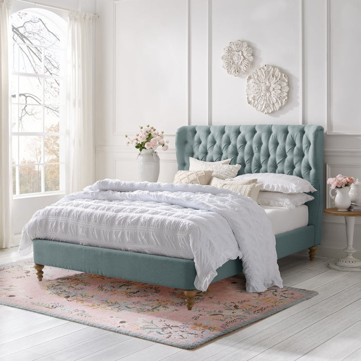 Kelsie Tufted Wingback Headboard Upholstered Bed King Queen Twin Slats Included Image 4