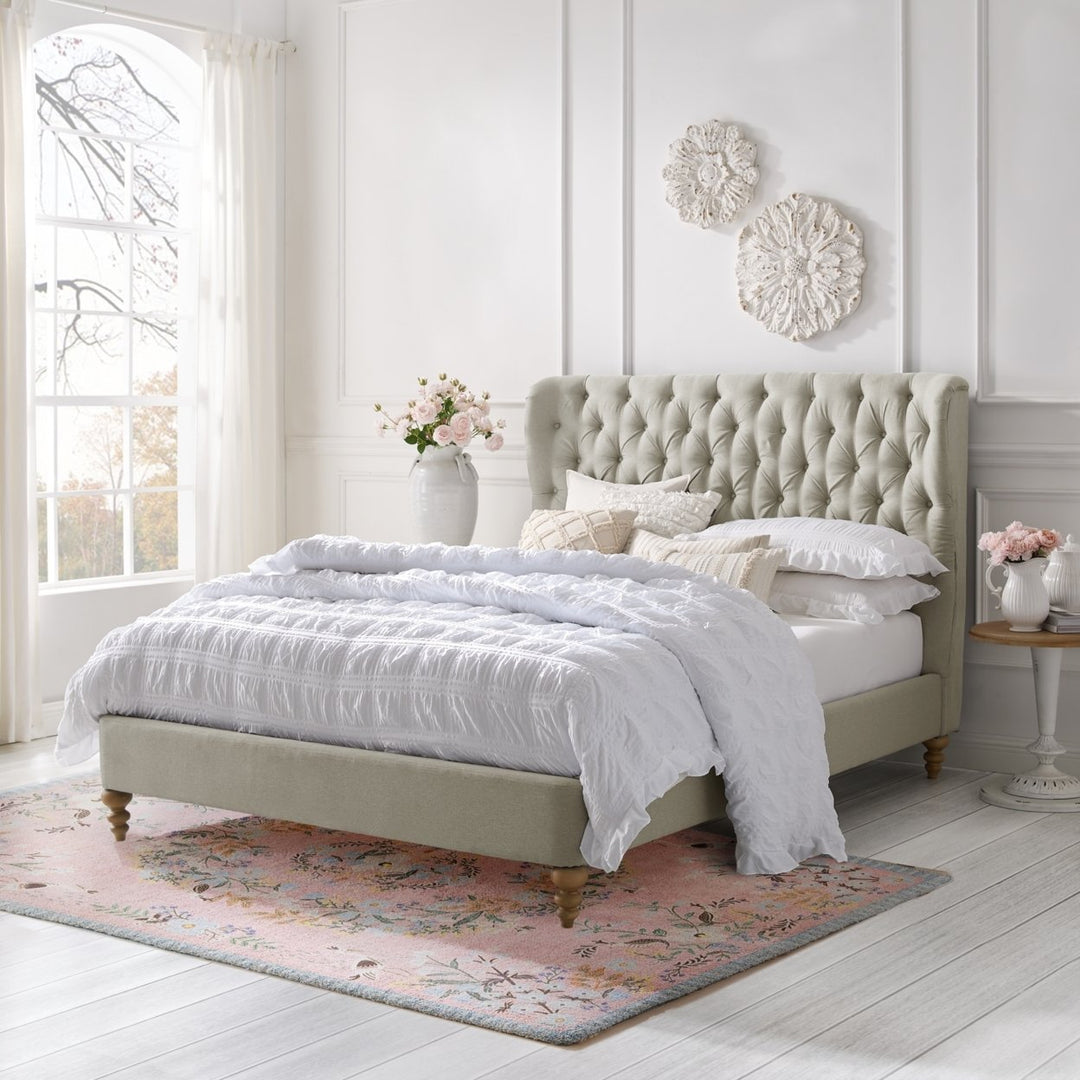 Kelsie Tufted Wingback Headboard Upholstered Bed King Queen Twin Slats Included Image 6