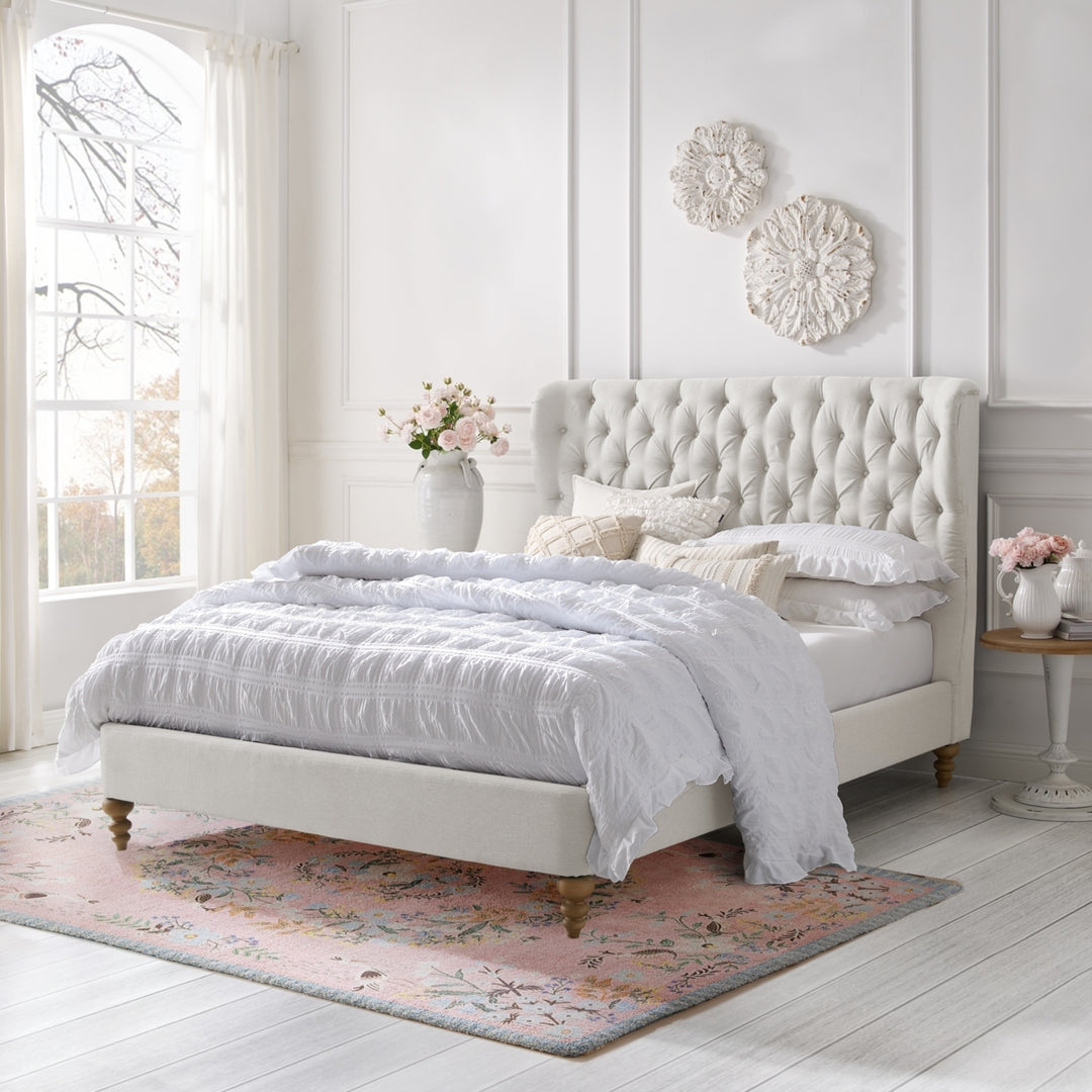 Kelsie Bed-Button Tufted Headboard-Wingback-Slats Included Image 7