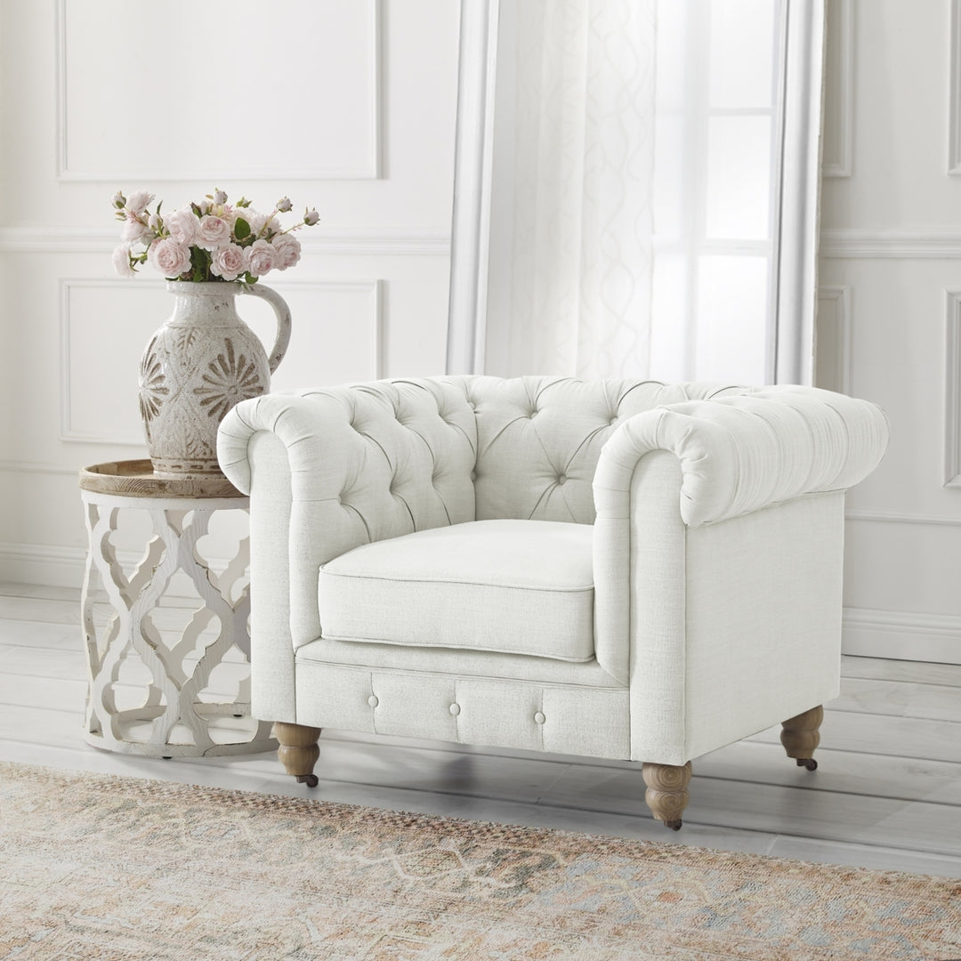 Kaleigh Club Chair Button Tufted Linen Rolled Arms 42in Sinuous Springs Caster Image 1