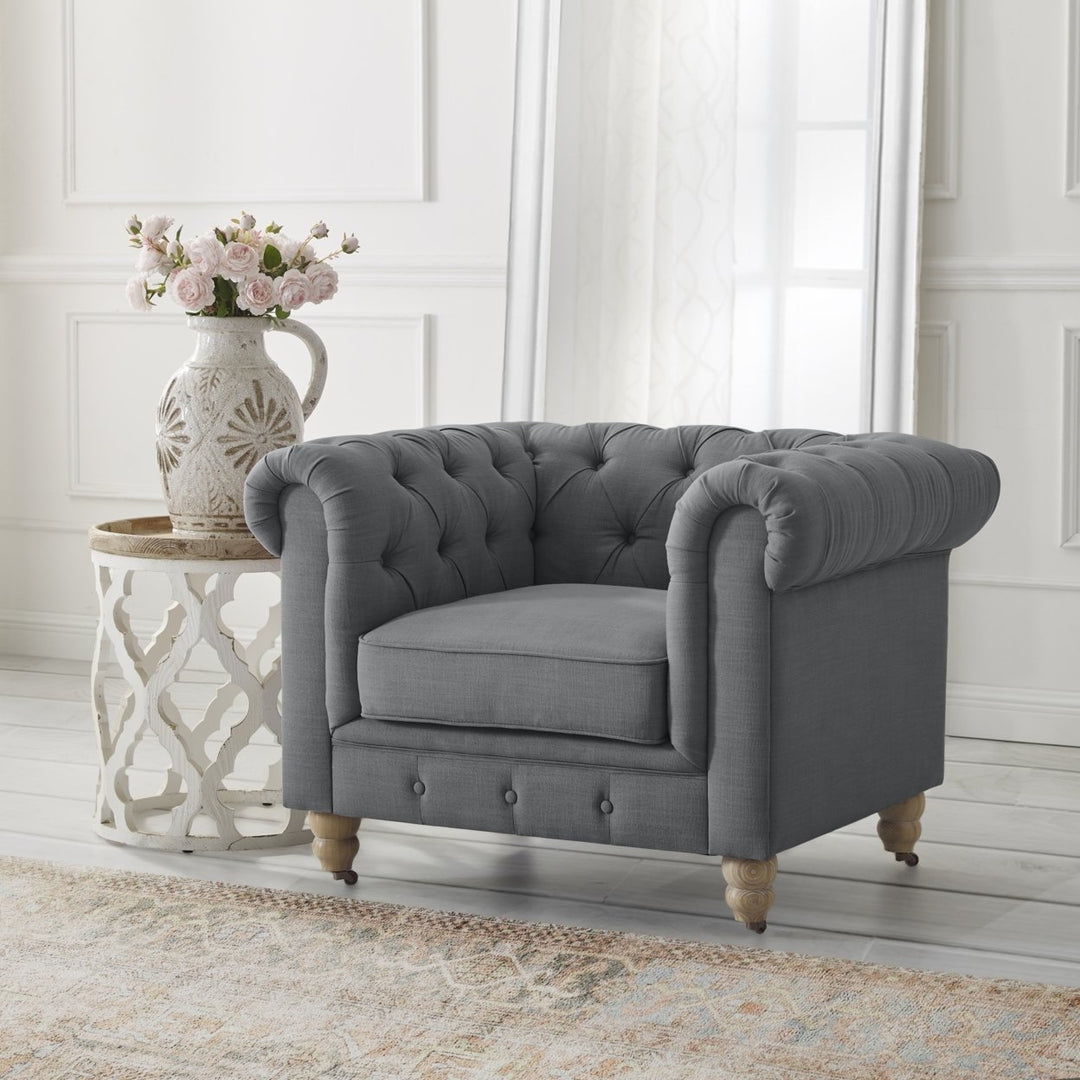 Kaleigh Club Chair-Button Tufted-Rolled Arm, Sinuous Springs-Round Bun Leg with Caster, Removable Seat Cushion Cover Image 1