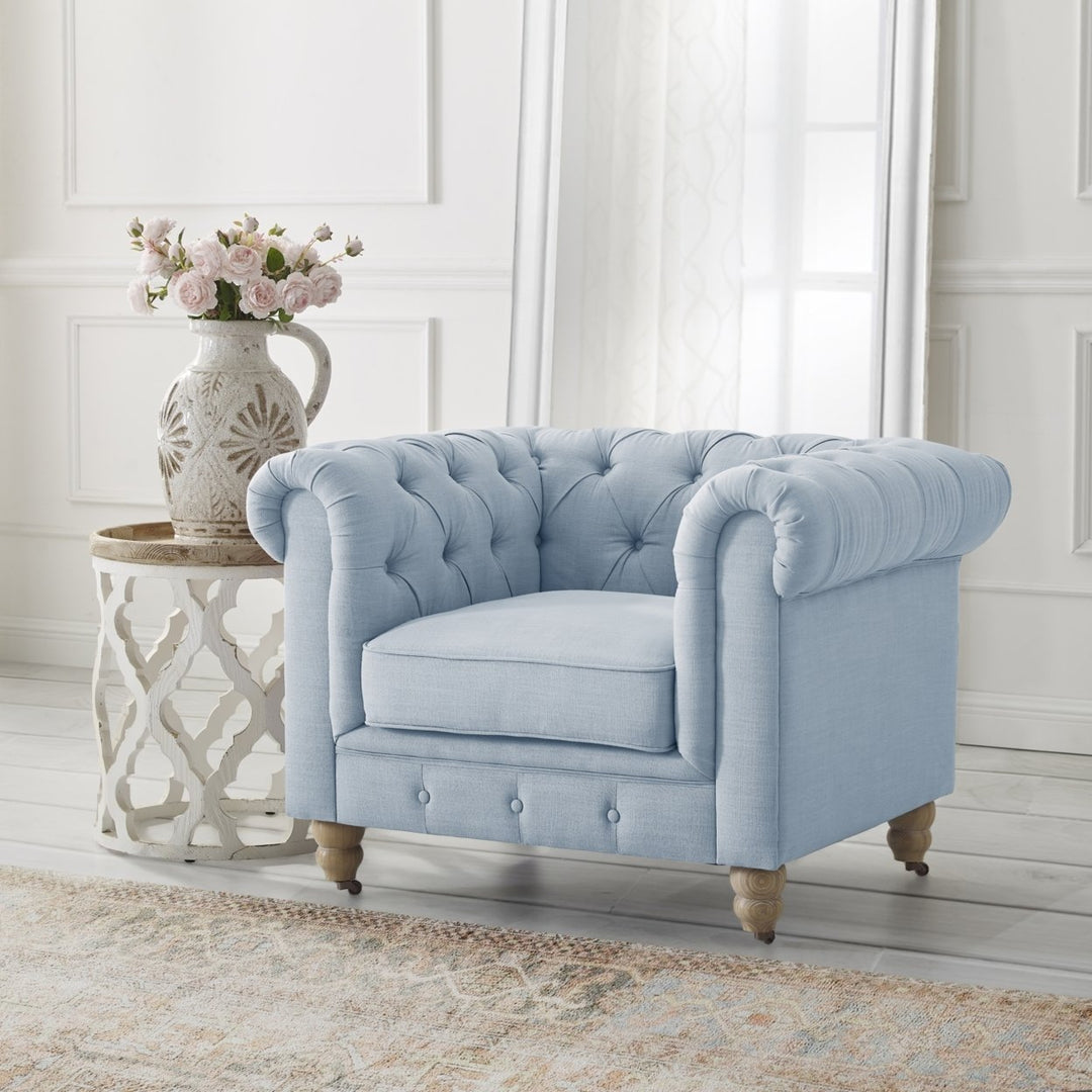 Kaleigh Club Chair Button Tufted Linen Rolled Arms 42in Sinuous Springs Caster Image 3