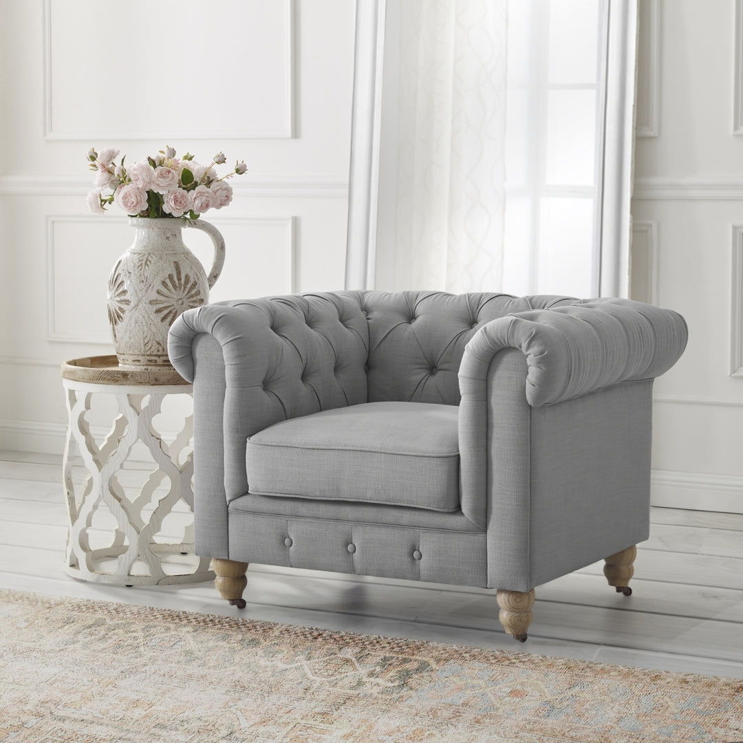 Kaleigh Club Chair-Button Tufted-Rolled Arm, Sinuous Springs-Round Bun Leg with Caster, Removable Seat Cushion Cover Image 4