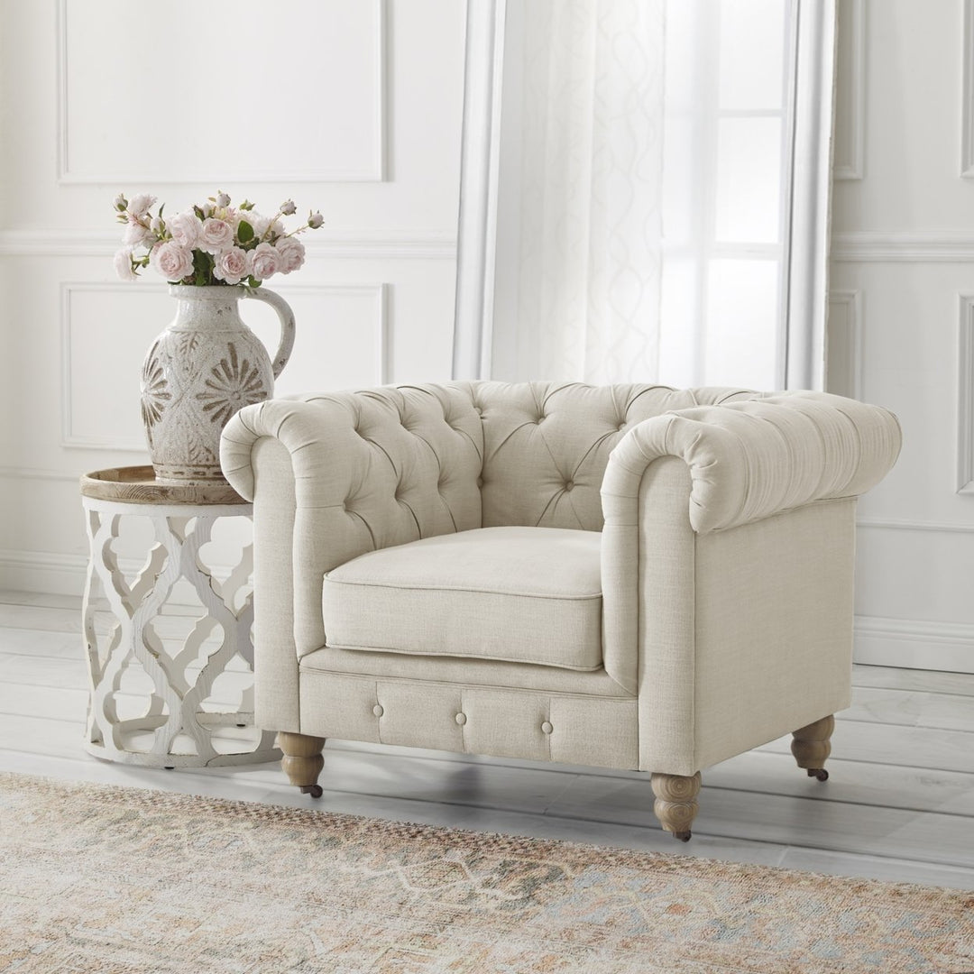 Kaleigh Club Chair-Button Tufted-Rolled Arm, Sinuous Springs-Round Bun Leg with Caster, Removable Seat Cushion Cover Image 5