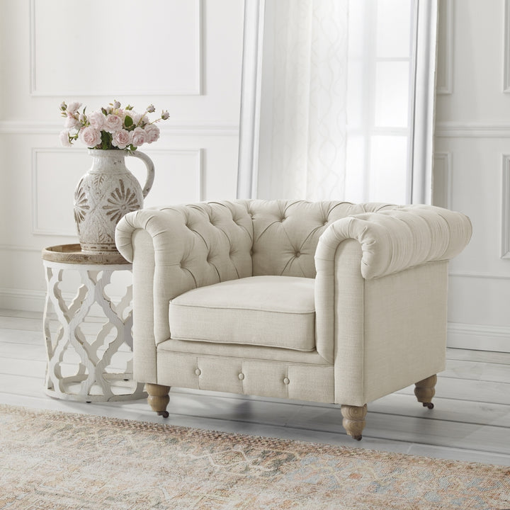 Kaleigh Club Chair-Button Tufted-Rolled Arm, Sinuous Springs-Round Bun Leg with Caster, Removable Seat Cushion Cover Image 5