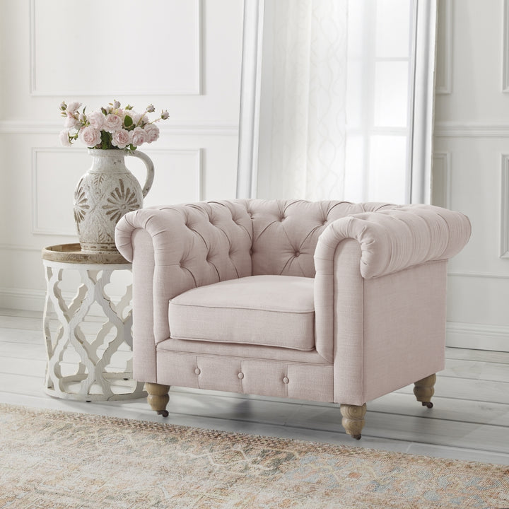 Kaleigh Club Chair-Button Tufted-Rolled Arm, Sinuous Springs-Round Bun Leg with Caster, Removable Seat Cushion Cover Image 6