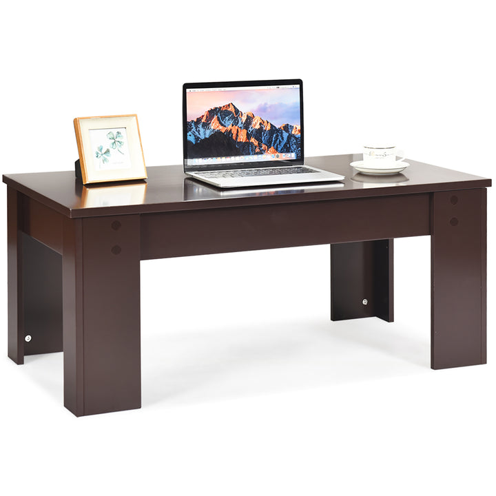 Costway Lift Top Coffee Table Pop-UP Cocktail Table w/Hidden Compartment and Shelf White\ Brown Image 1