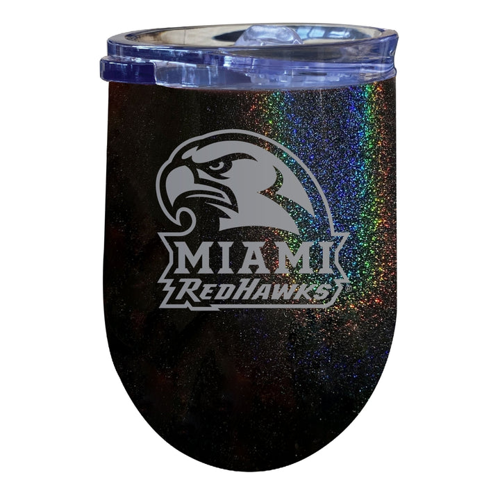 Miami University of Ohio NCAA Laser-Etched Wine Tumbler - 12oz Rainbow Glitter Black Stainless Steel Insulated Cup Image 1