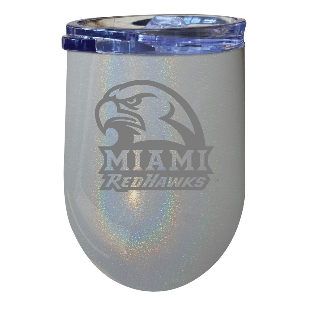 Miami University of Ohio NCAA Laser-Etched Wine Tumbler - 12oz Rainbow Glitter Black Stainless Steel Insulated Cup Image 2