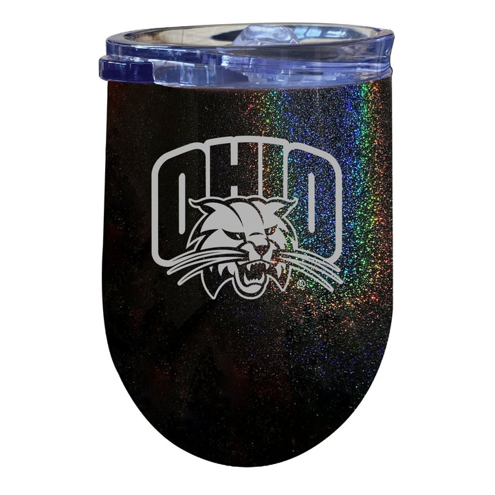 Ohio University NCAA Laser-Etched Wine Tumbler - 12oz Rainbow Glitter Black Stainless Steel Insulated Cup Image 1