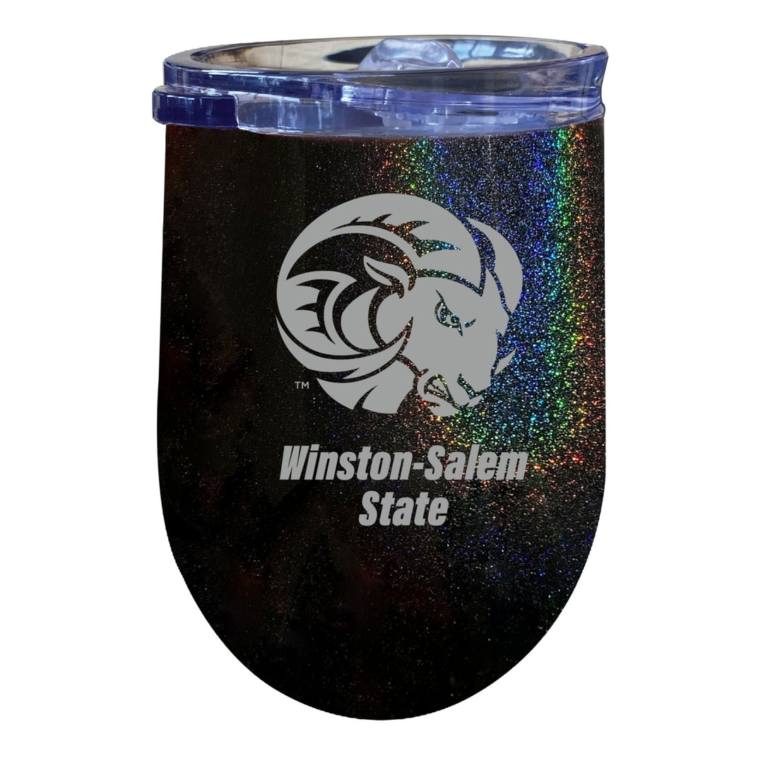 Winston-Salem State NCAA Laser-Etched Wine Tumbler - 12oz Rainbow Glitter Black Stainless Steel Insulated Cup Image 1