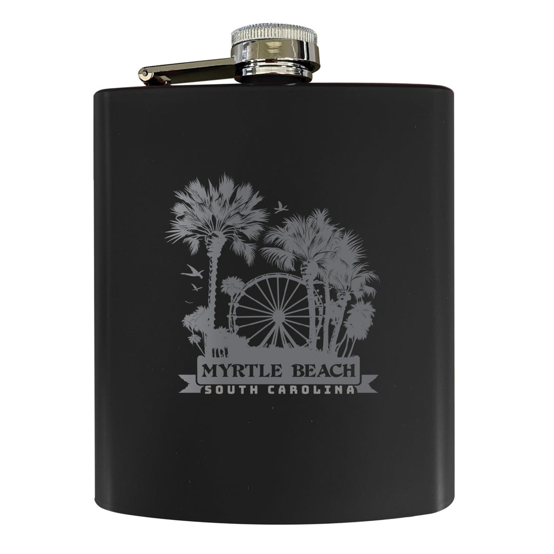 Myrtle Beach South Carolina Laser Etched Souvenir 7 oz Leather Steel Flask Image 1