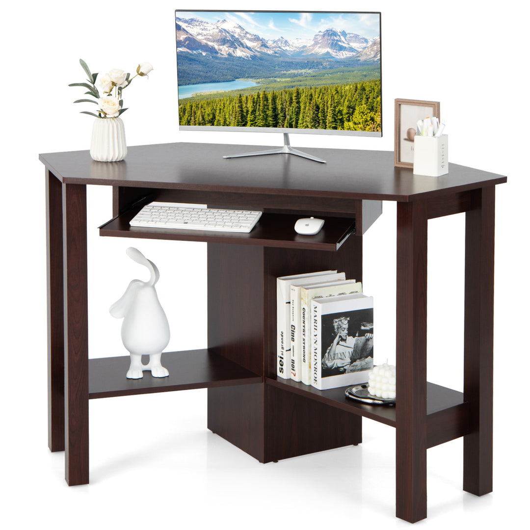 Wooden Corner Desk With Drawer Computer PC Table Study Office Room Brown Image 1