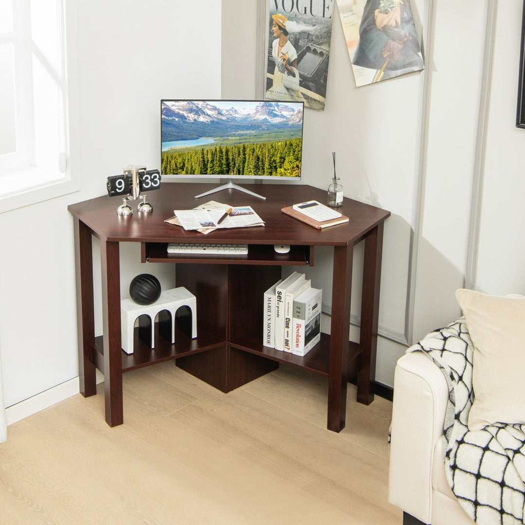 Wooden Corner Desk With Drawer Computer PC Table Study Office Room Brown Image 5