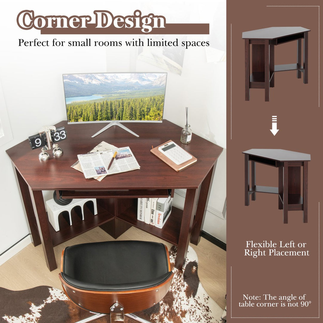 Wooden Corner Desk With Drawer Computer PC Table Study Office Room Brown Image 6