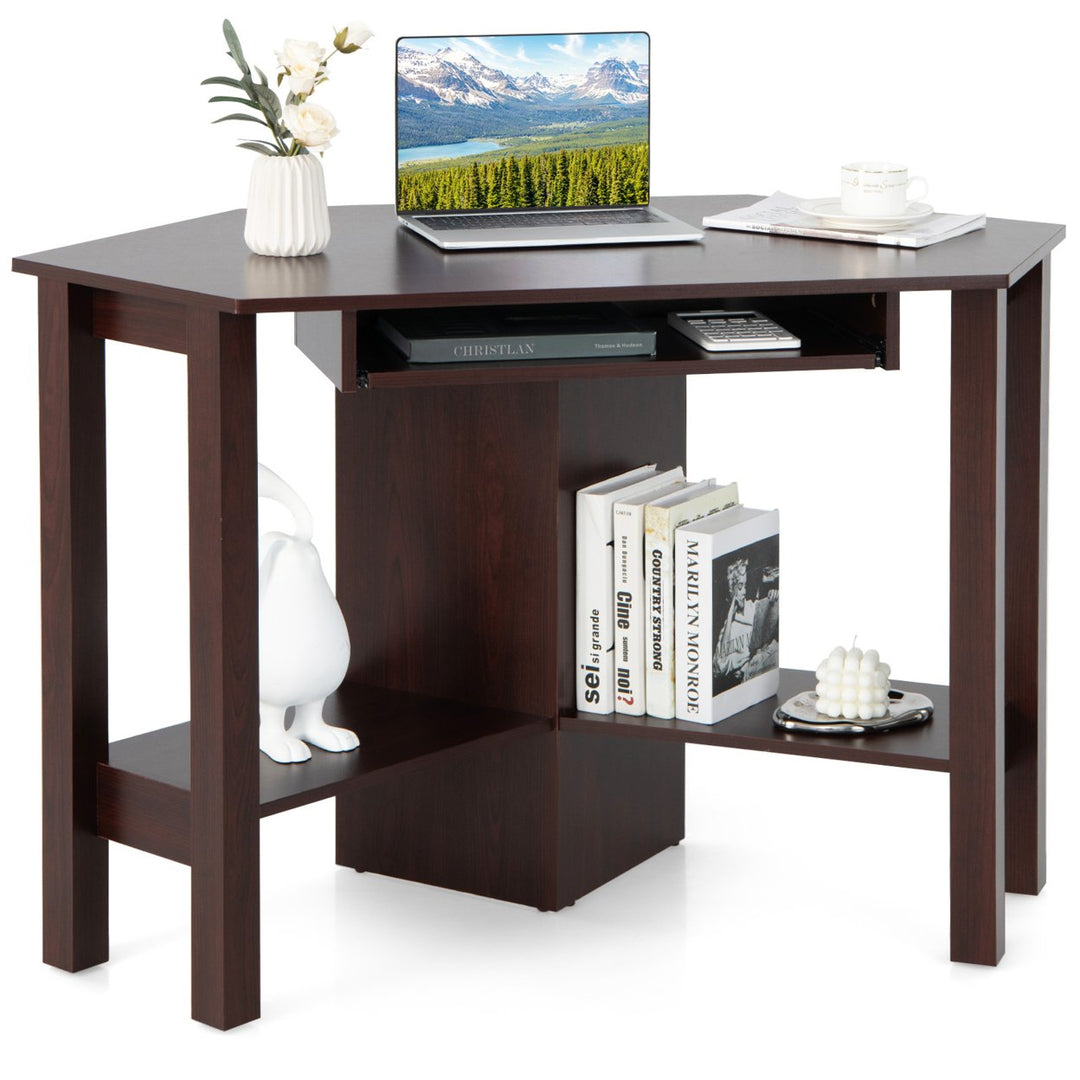 Wooden Corner Desk With Drawer Computer PC Table Study Office Room Brown Image 10