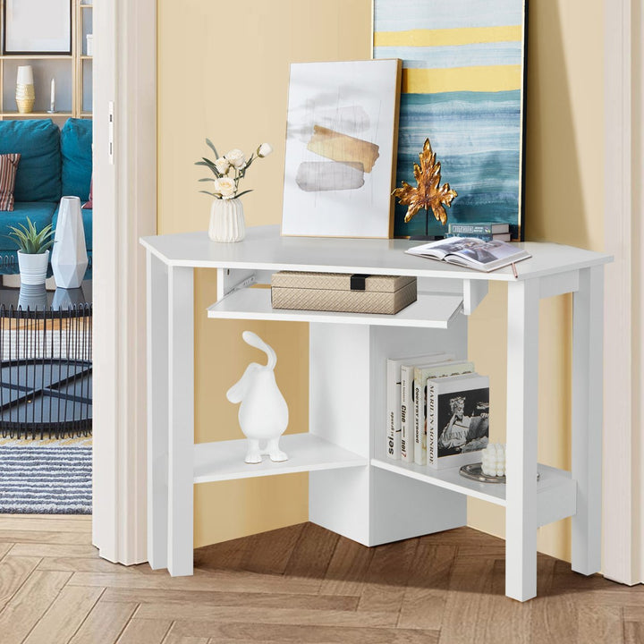 Wooden Corner Desk With Drawer Computer PC Table Study Office Room White Image 5