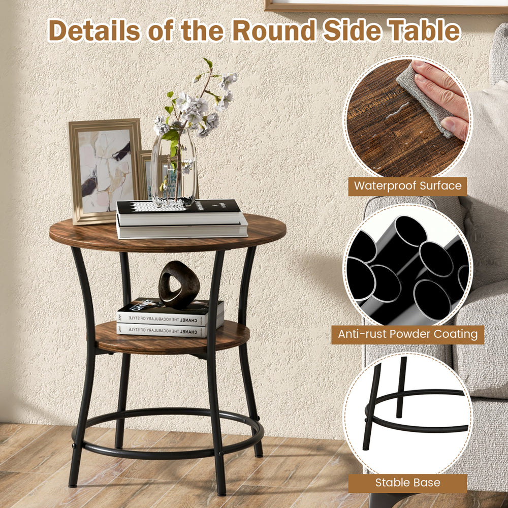 2-Tier Side Table Compact Round Metal Frame Coffee Table w/ Open Shelf Image 2