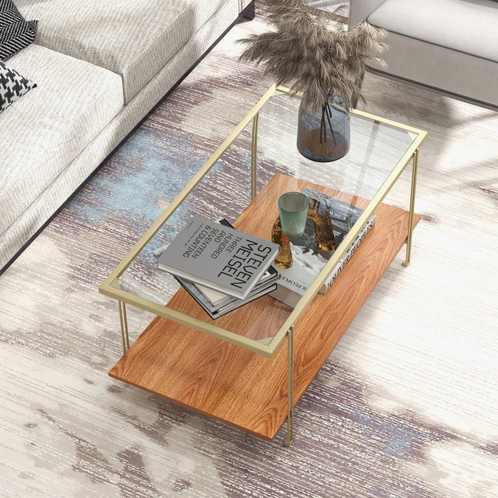 Coffee Table Rectangle Glass Top w/ Storage Shelf and Gold Steel Frame Living Room Image 3