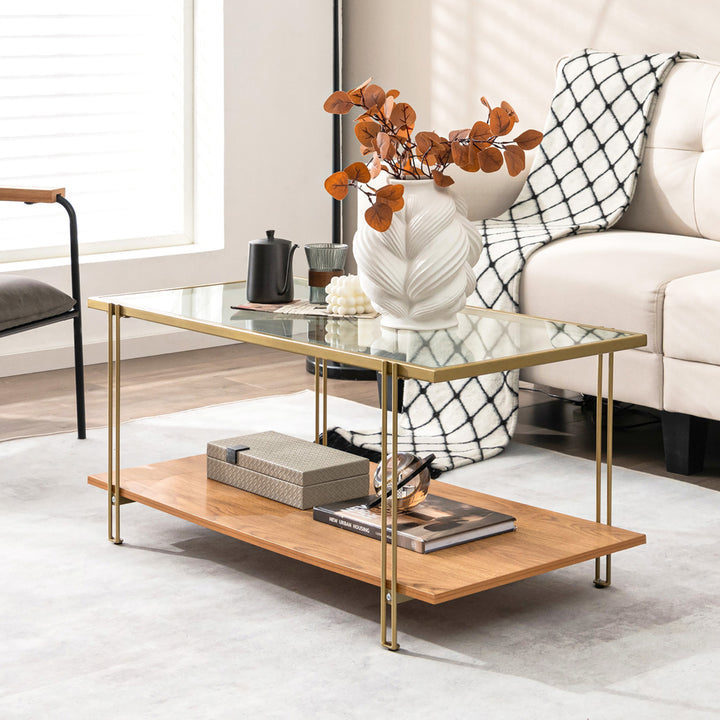 Coffee Table Rectangle Glass Top w/ Storage Shelf and Gold Steel Frame Living Room Image 4