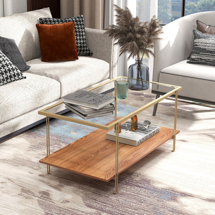 Coffee Table Rectangle Glass Top w/ Storage Shelf and Gold Steel Frame Living Room Image 5