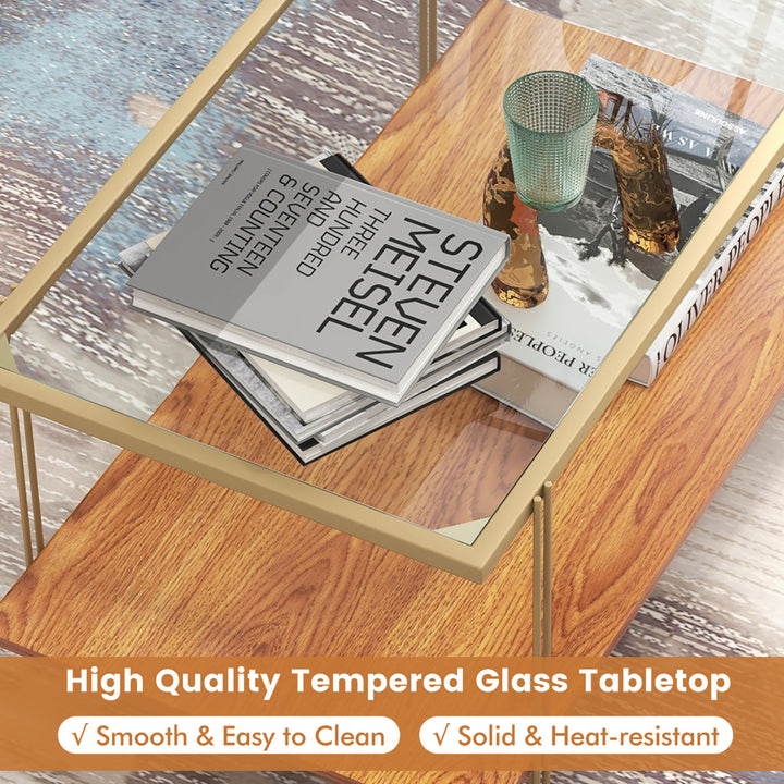 Coffee Table Rectangle Glass Top w/ Storage Shelf and Gold Steel Frame Living Room Image 9