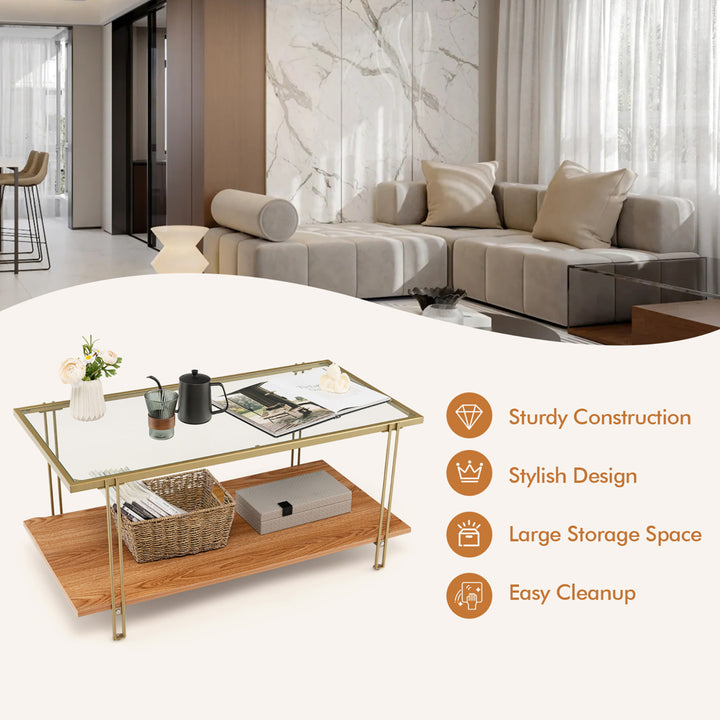 Coffee Table Rectangle Glass Top w/ Storage Shelf and Gold Steel Frame Living Room Image 10