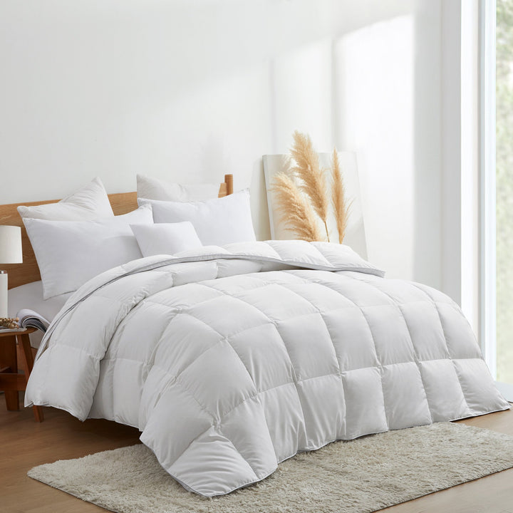 Luxurious Medium Weight White Goose Down Feathers Fiber Comforter, For All-Season Weather Image 1