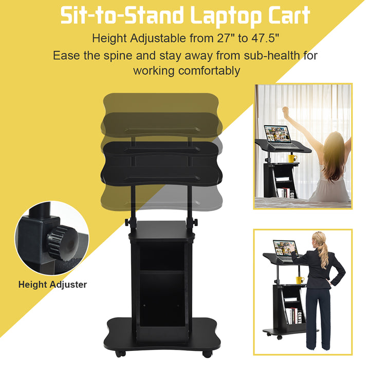 Sit-to-Stand Laptop Desk Cart Rolling Mobile Height Adjustable w/ Storage Black Image 7