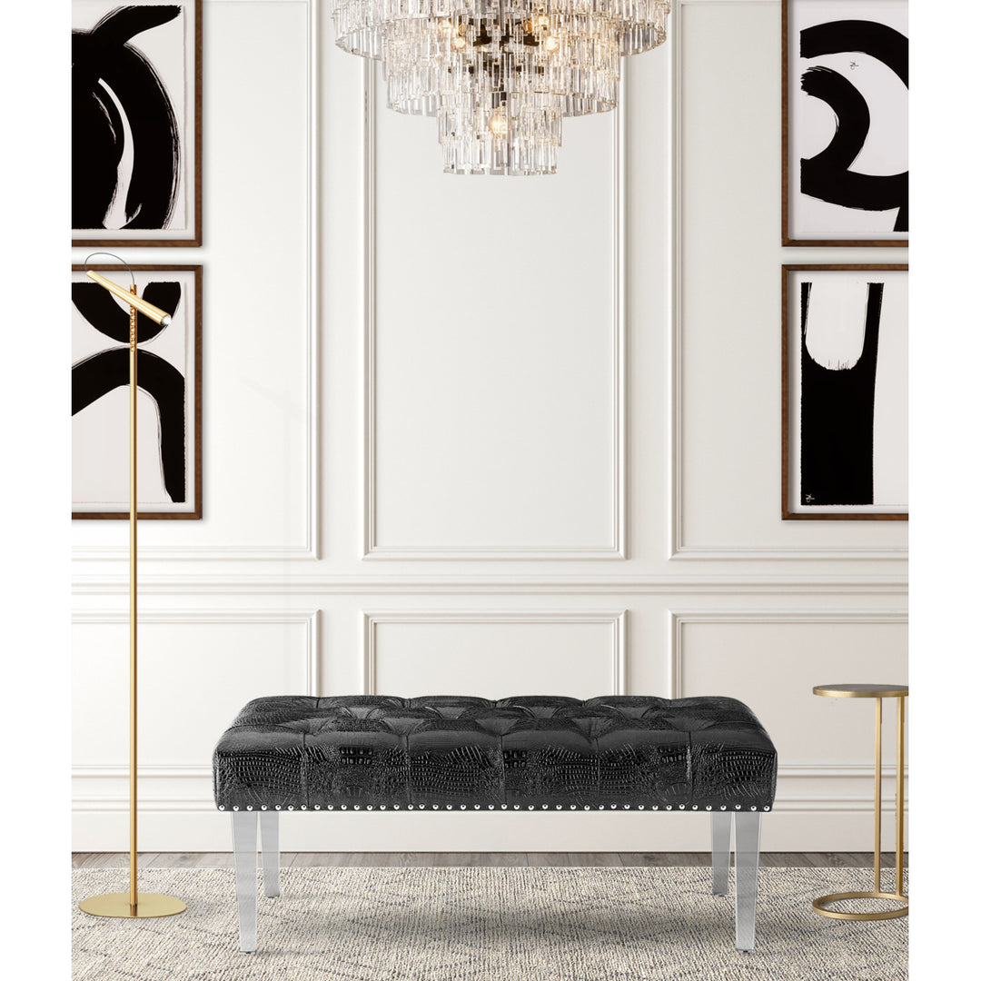 Iconic Home Teresa Bench Tufted Faux Leather Upholstered Acrylic Legs Nailhead Trim, Modern Transitional Image 1