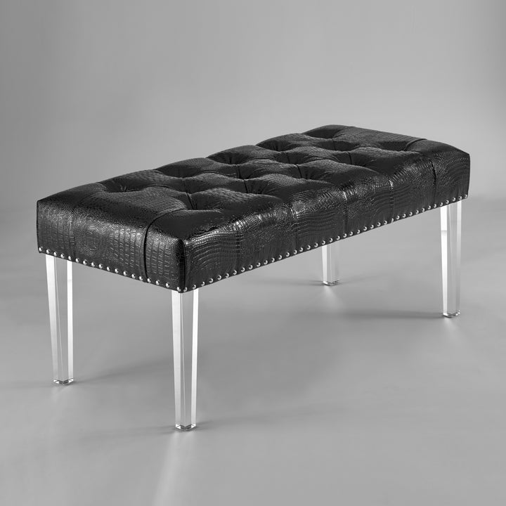 Iconic Home Teresa Bench Tufted Faux Leather Upholstered Acrylic Legs Nailhead Trim, Modern Transitional Image 3