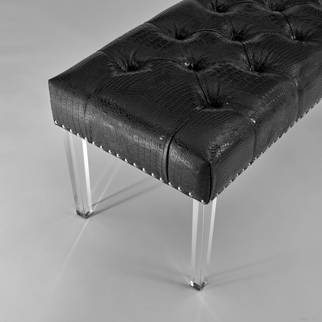 Iconic Home Teresa Bench Tufted Faux Leather Upholstered Acrylic Legs Nailhead Trim, Modern Transitional Image 4