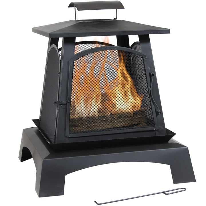 Sunnydaze 32 in Pagoda Style Steel Fire Pit with Log Grate and Poker Image 1