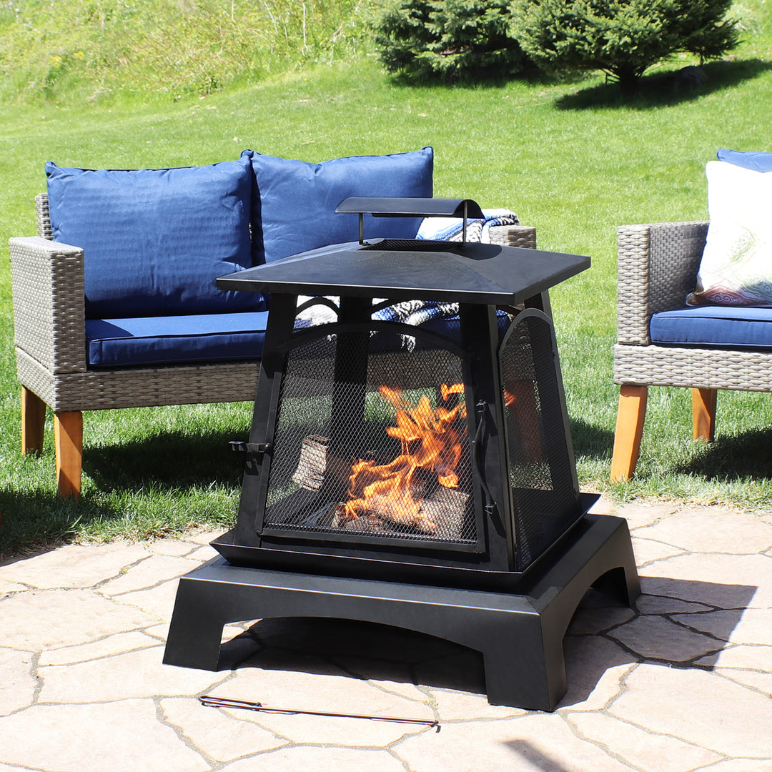 Sunnydaze 32 in Pagoda Style Steel Fire Pit with Log Grate and Poker Image 2