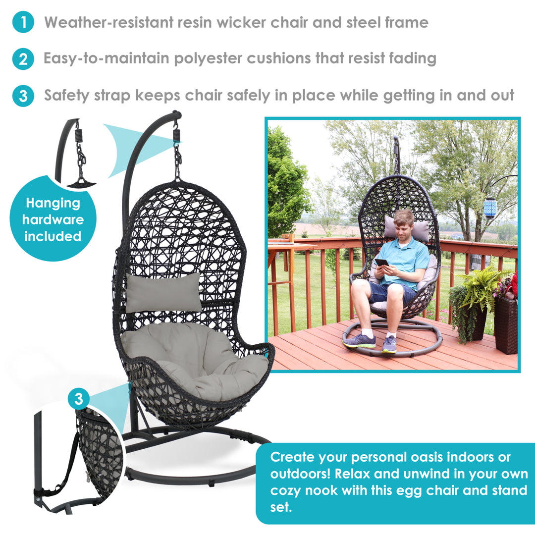 Sunnydaze Resin Wicker Basket Egg Chair with Steel Stand/Cushions - Gray Image 4