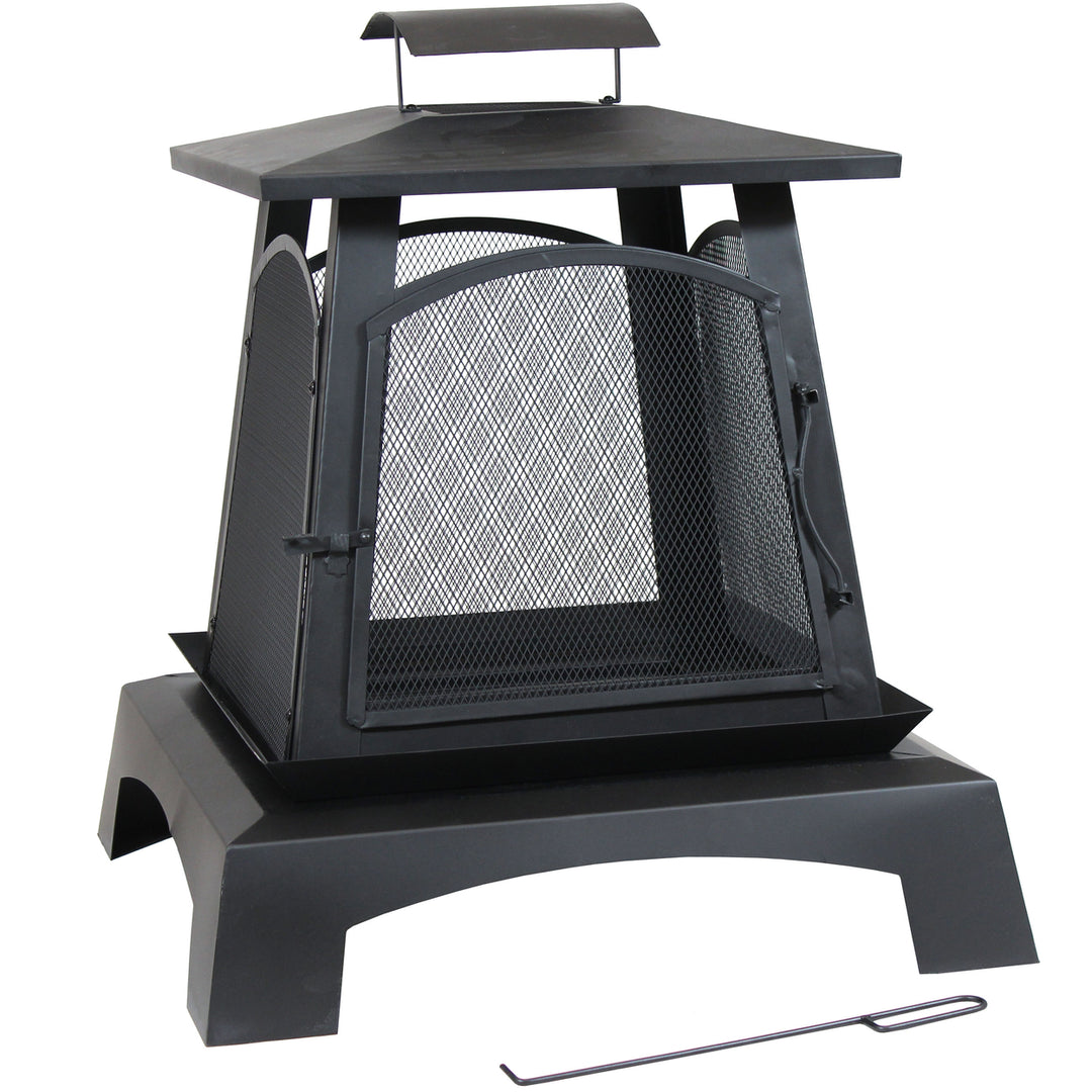 Sunnydaze 32 in Pagoda Style Steel Fire Pit with Log Grate and Poker Image 6