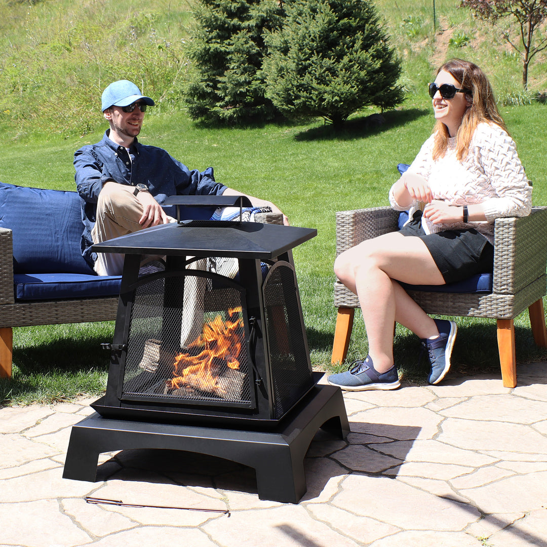 Sunnydaze 32 in Pagoda Style Steel Fire Pit with Log Grate and Poker Image 8