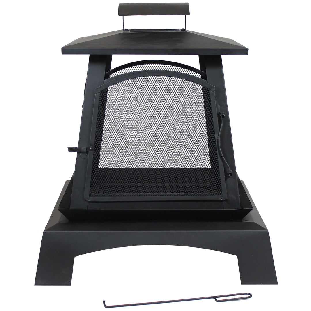 Sunnydaze 32 in Pagoda Style Steel Fire Pit with Log Grate and Poker Image 9