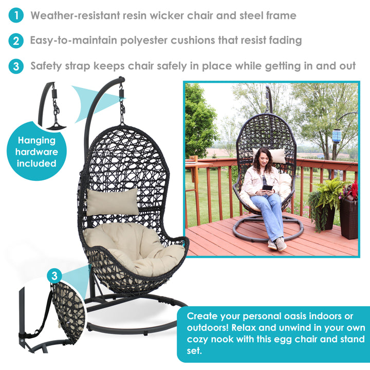 Sunnydaze Resin Wicker Basket Egg Chair with Steel Stand/Cushions - Beige Image 2