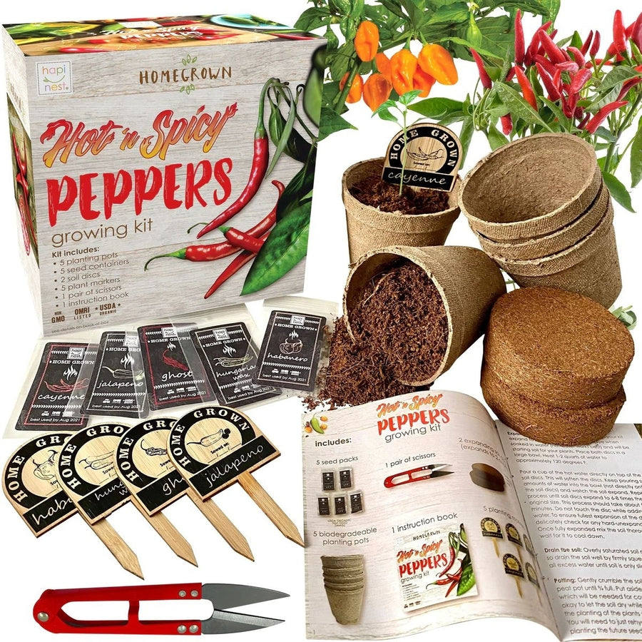 Indoor Hot and Spicy Pepper Garden Seed Starter Growing Kit - Jalapeno, Habanero, Hungarian Yellow Wax, Ghost, and Image 1