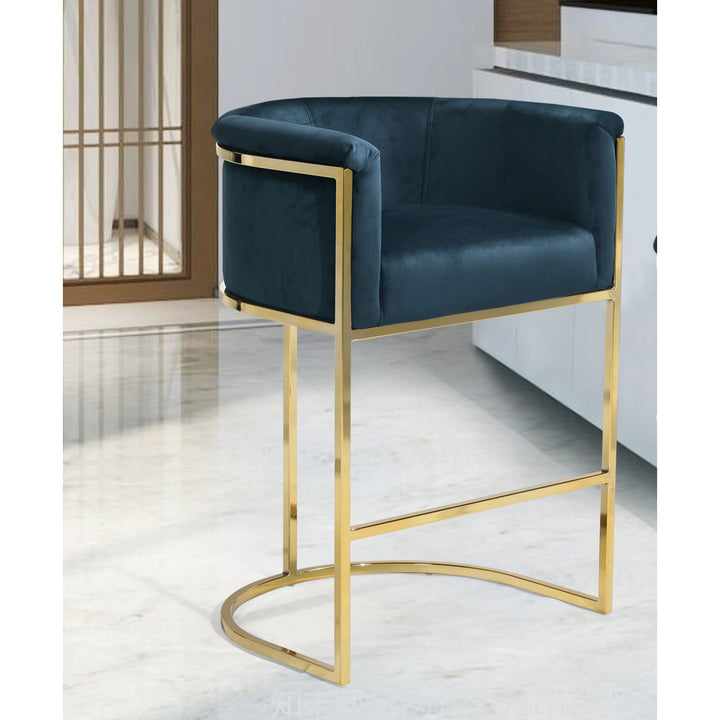 Iconic Home Scout Counter Stool Chair Velvet Upholstered Rolled Shelter Arm Design Half-Moon Goldtone Solid Metal Image 1