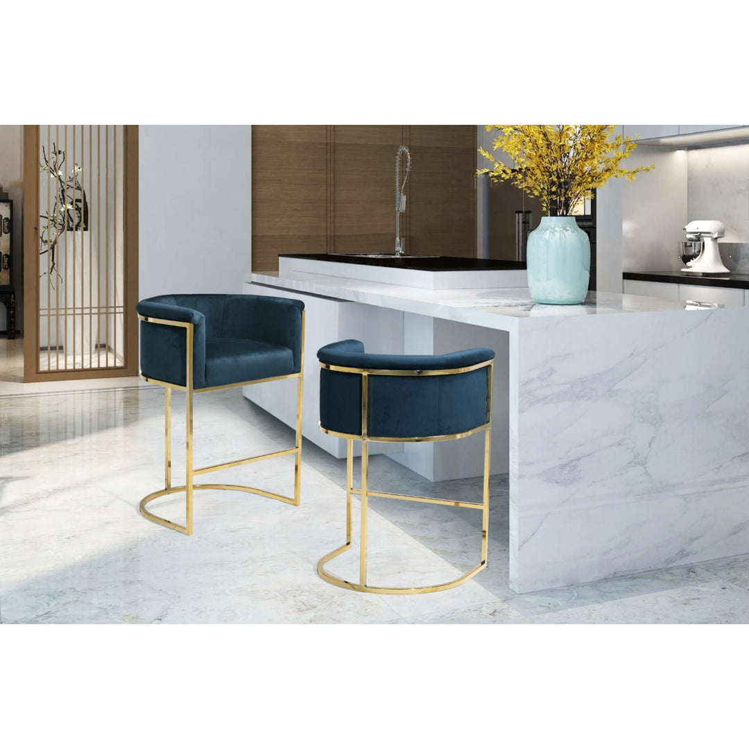 Iconic Home Scout Counter Stool Chair Velvet Upholstered Rolled Shelter Arm Design Half-Moon Goldtone Solid Metal Image 5