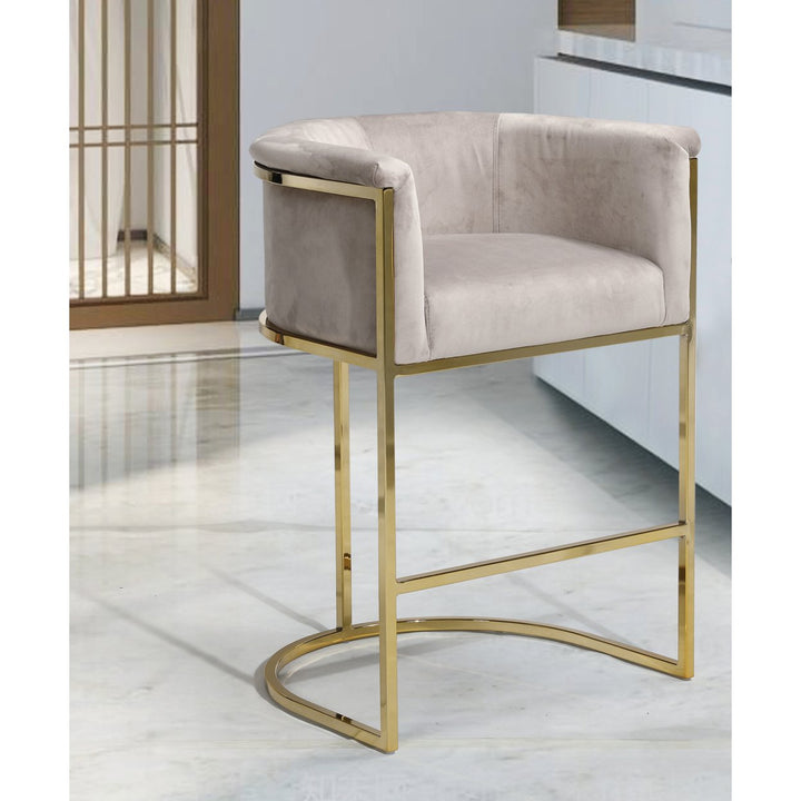 Iconic Home Scout Counter Stool Chair Velvet Upholstered Rolled Shelter Arm Design Half-Moon Goldtone Solid Metal Image 1