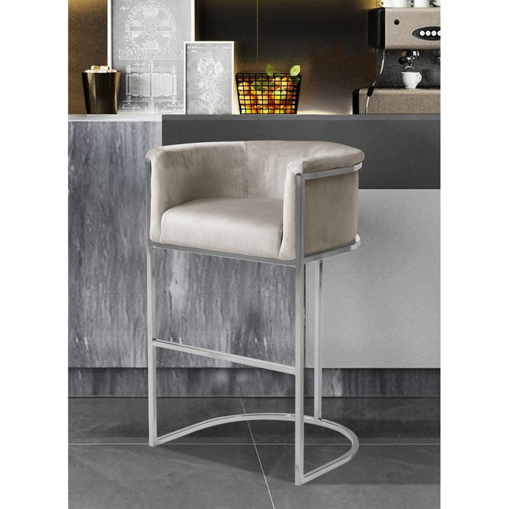 Iconic Home Scout Bar Stool Chair Velvet Upholstered Rolled Shelter Arm Design Half-Moon Chrometone Solid Metal U-Shaped Image 1