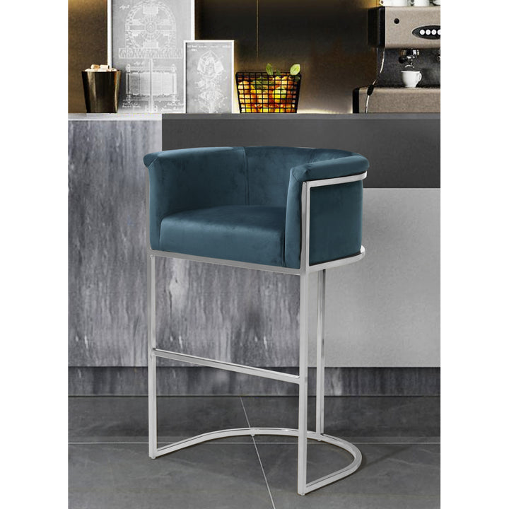 Iconic Home Scout Bar Stool Chair Velvet Upholstered Rolled Shelter Arm Design Half-Moon Chrometone Solid Metal U-Shaped Image 6